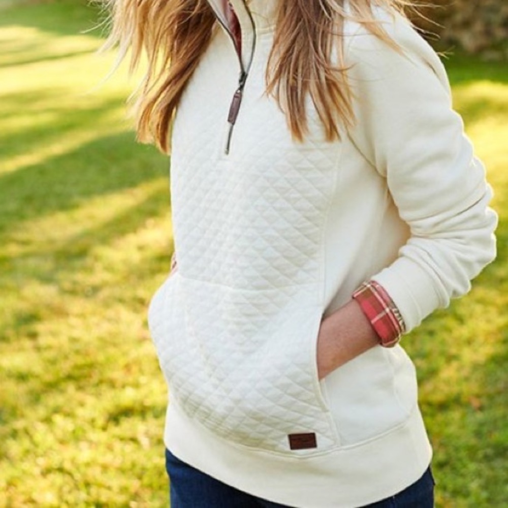 L.L. Bean Women’s Small Petite Quilted 3/4 Zip Pullover Sweater In Cream